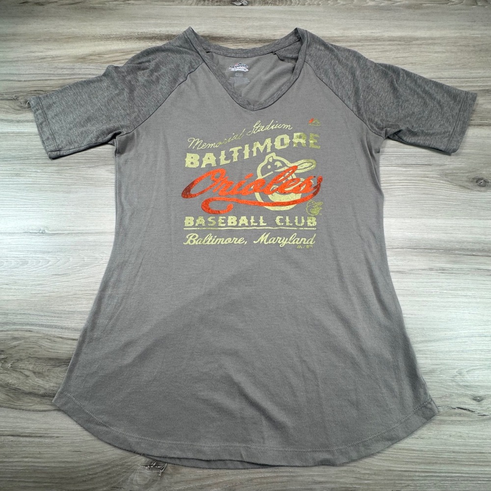 Majestic Baltimore‎ Orioles Baseball Club Womens Baseball T Shirt Gray L/G
